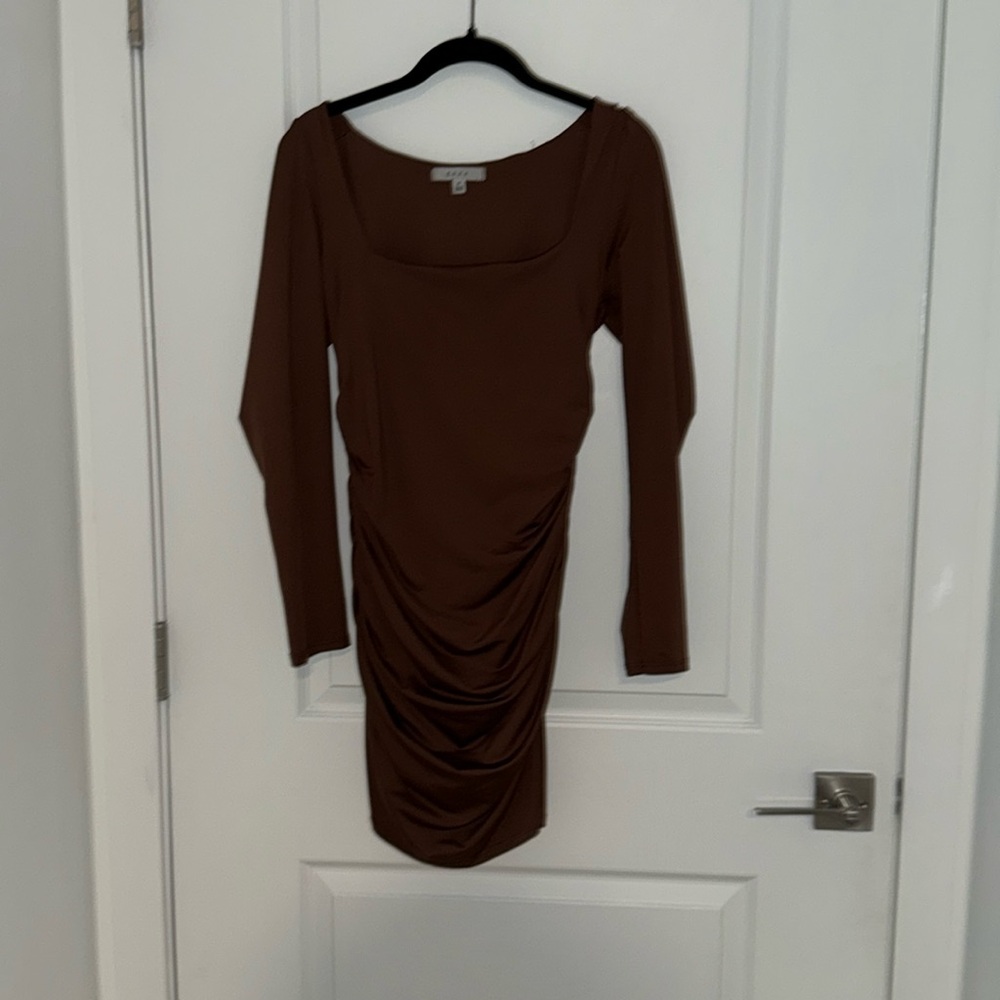 Gaze Brown Long-Sleeve Ruched Bodycon Dress – Size Medium